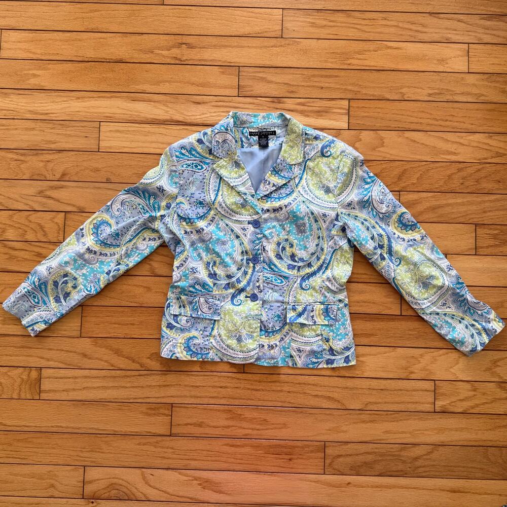 Levine Blazer Womens 12 Paisley Print Jacket Blue Green Lined 3 Button EUC